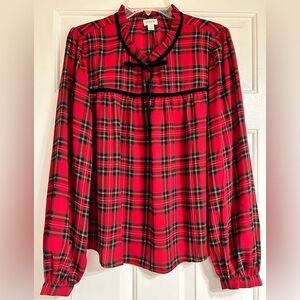 J Crew velvet tie neck red plaid long sleeve top size large